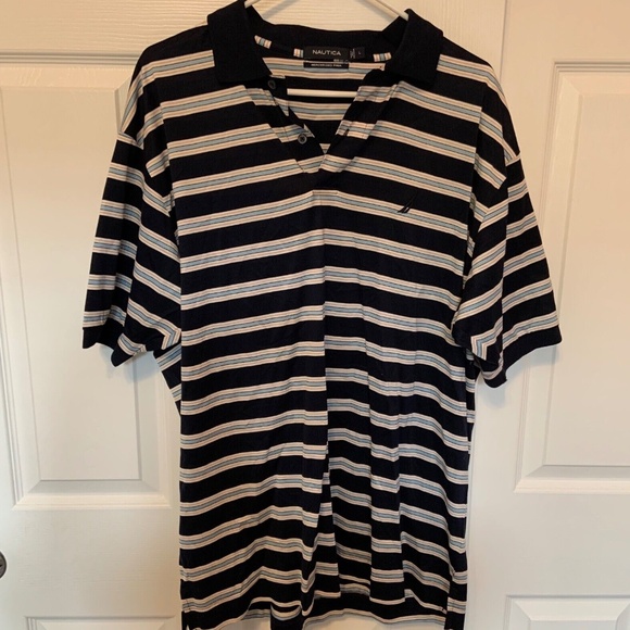 Nautica Men's Mercerized Pima Striped Polo Shirt in Black & White Size L. - Picture 1 of 10